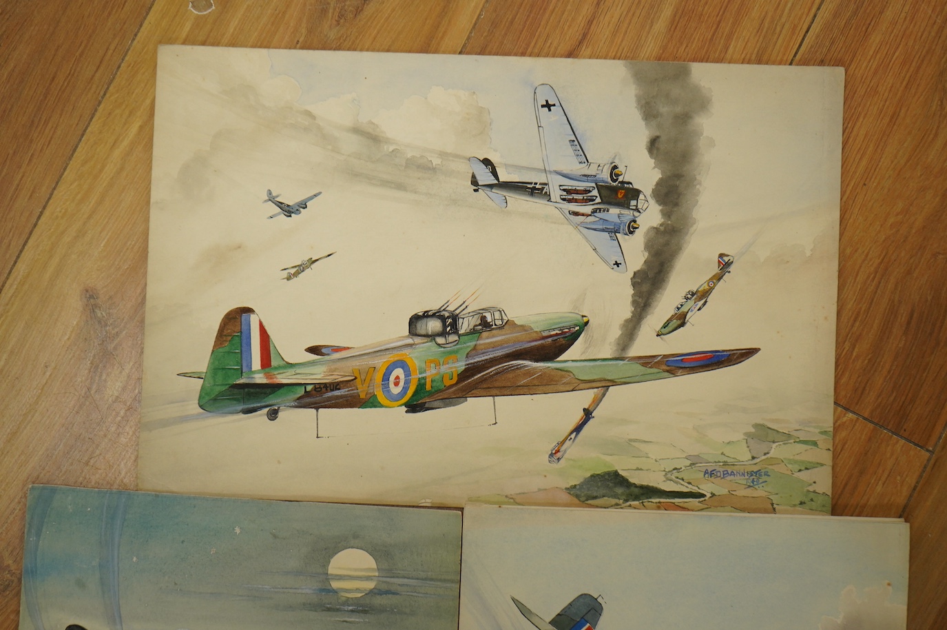 AFD Bannister, set of four original WWII watercolours for post card designs, RAF Aircraft to include ‘Hawker Hurricanes in combat’ and ‘The End of the Raider, Bristol Beaufighter downs a Heinkel III k’, each signed with